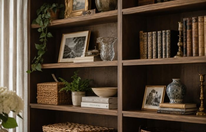 Vintage bookshelf with books and decorative accessories