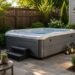 Luxury backyard hot tub installed on a stone patio with modern landscaping