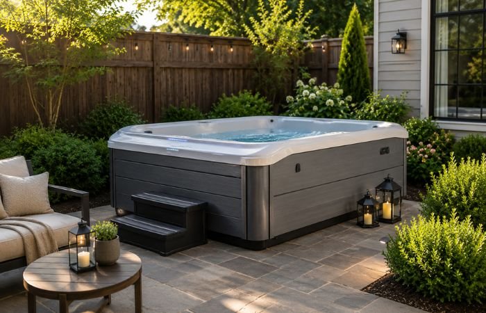 Luxury backyard hot tub installed on a stone patio with modern landscaping