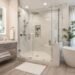 Luxury modern bathroom featuring a remodeled walk-in shower and soaking bathtub