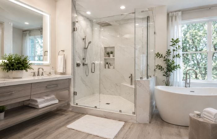 Luxury modern bathroom featuring a remodeled walk-in shower and soaking bathtub
