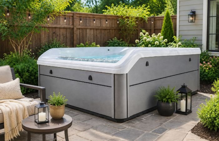Luxury Whisper Spas Harmony hot tub with infinity-edge waterfall on a modern backyard patio