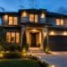 Modern suburban home featuring security cameras, motion lighting, smart lock, and secure entryway.