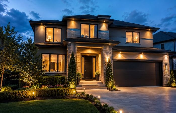 Modern suburban home featuring security cameras, motion lighting, smart lock, and secure entryway.