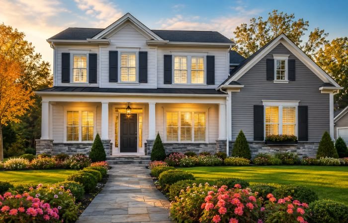 Modern Home with Stylish Window Treatments Enhancing Curb Appeal