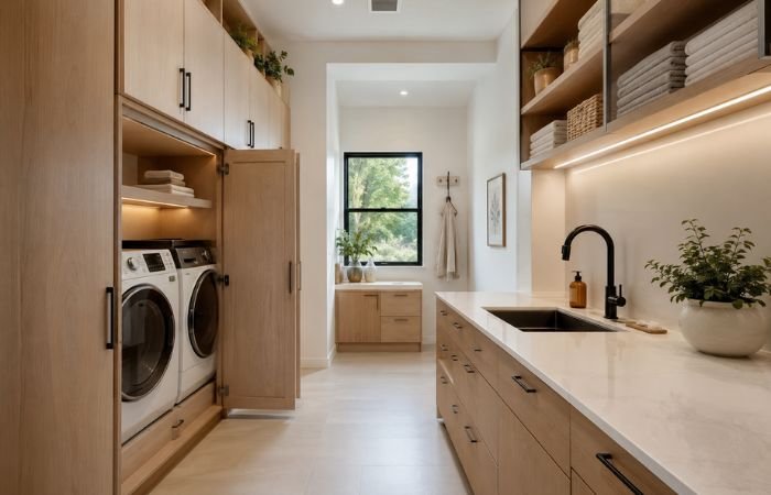 Luxury modern utility room with concealed laundry appliances