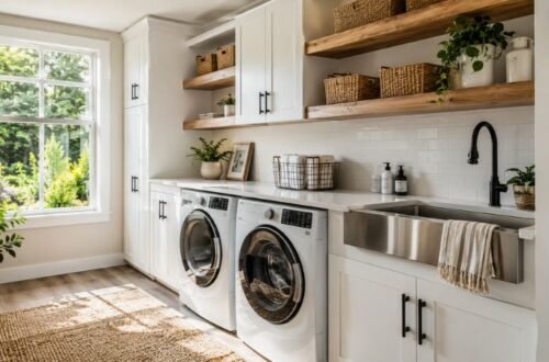 Modern utility room with white cabinets, countertop over washer and dryer, utility sink, and organized storage