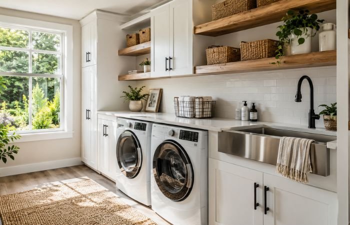 Modern utility room with white cabinets, countertop over washer and dryer, utility sink, and organized storage