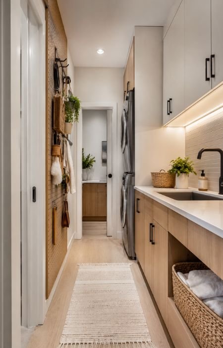 Narrow utility room with vertical storage wall
