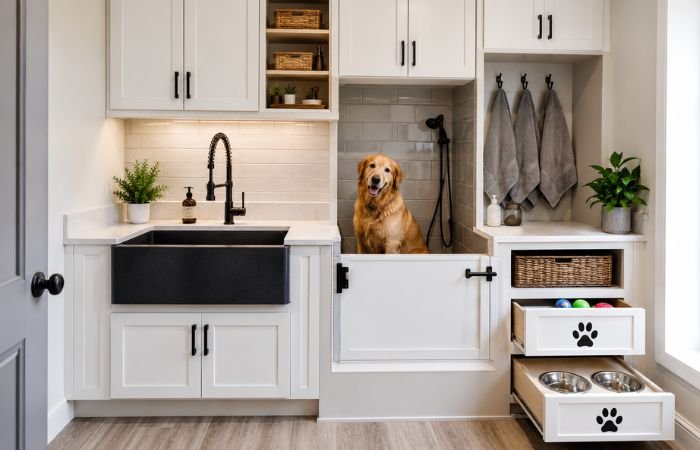 Utility room with pet washing station and storage