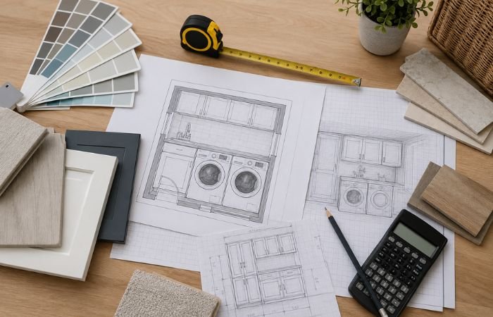 Utility room planning with floor plans and measurements