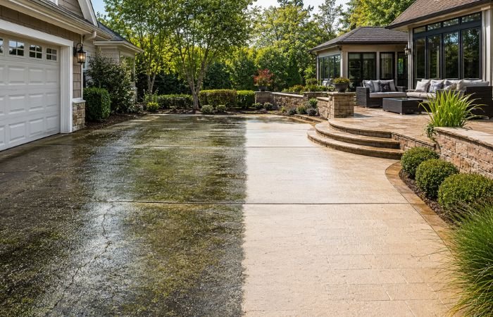 Driveway and patio showing the difference between dirty and professionally deep-cleaned hardscape