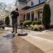 Professional seasonal pressure washing of a residential driveway during spring home maintenance