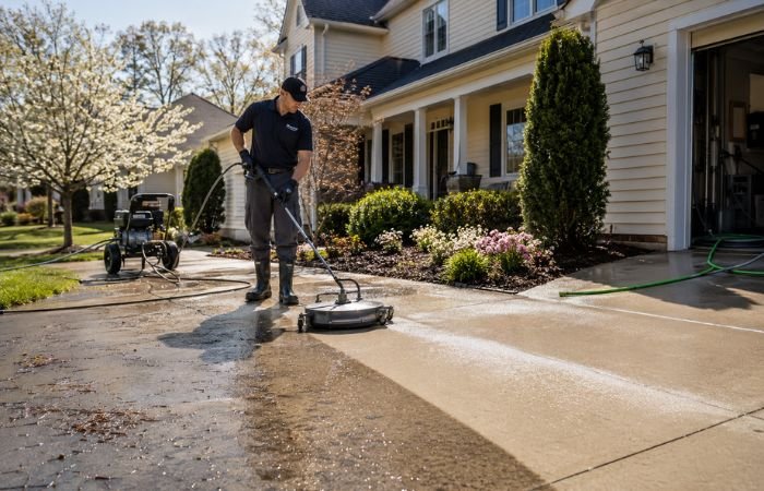 Professional seasonal pressure washing of a residential driveway during spring home maintenance