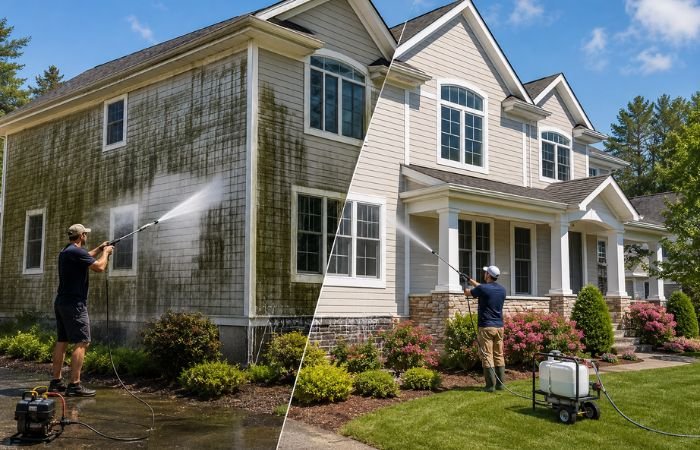 Professional soft washing cleaning vinyl siding compared with high-pressure washing damage