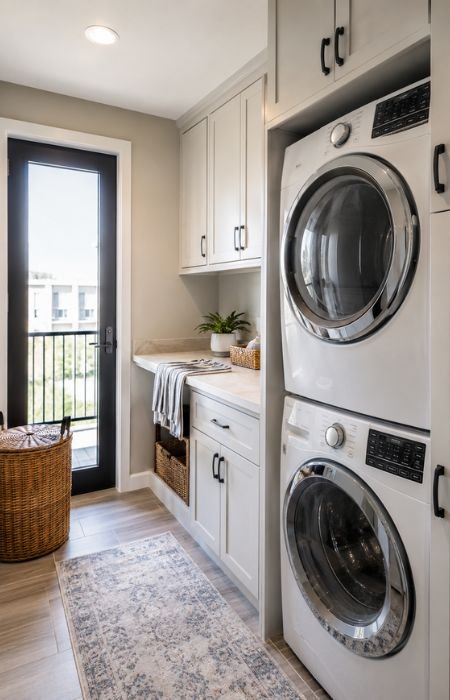 Small utility room with stacked washer and dryer
