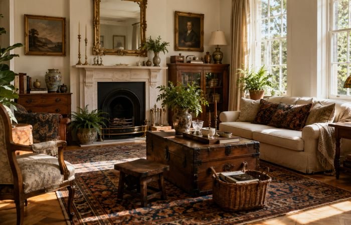 Elegant living room decorated with timeless vintage decor pieces