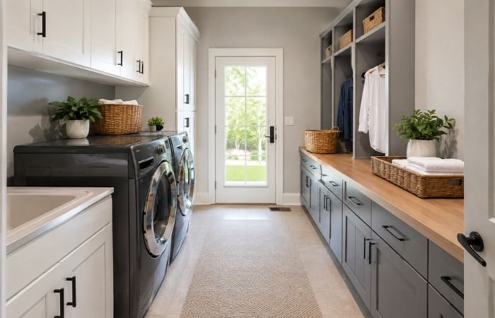 Utility room layout with comfortable clearances around appliances