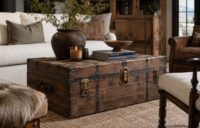 Antique wooden trunk used as coffee table