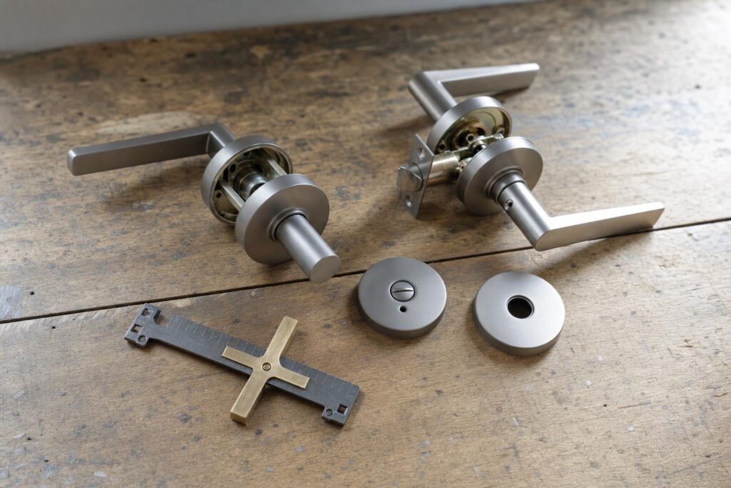 Interior door levers showing different hardware functions for residential rooms
