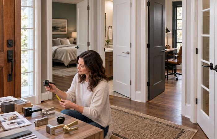 Modern home hallway showing different door hardware for bedrooms, bathrooms, closets, and entry doors
