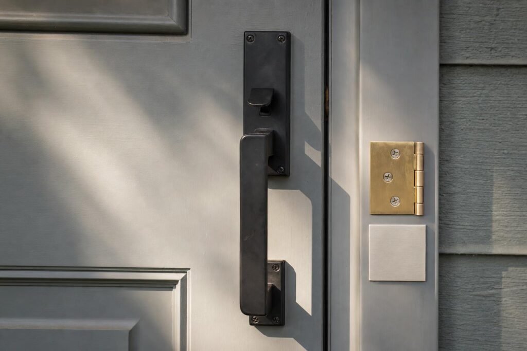 Black door handleset with brass and silver exterior hardware