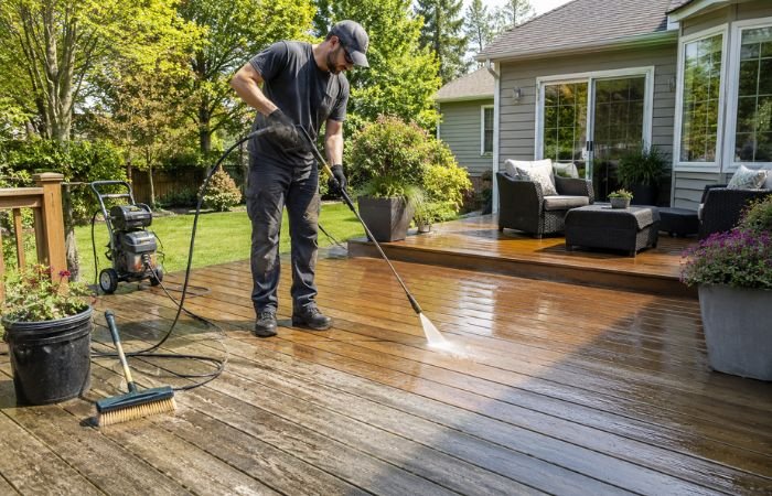 Professional cleaning a weathered wooden deck during restoration