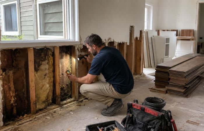 Contractor inspecting hidden moisture damage behind drywall during a home remodel