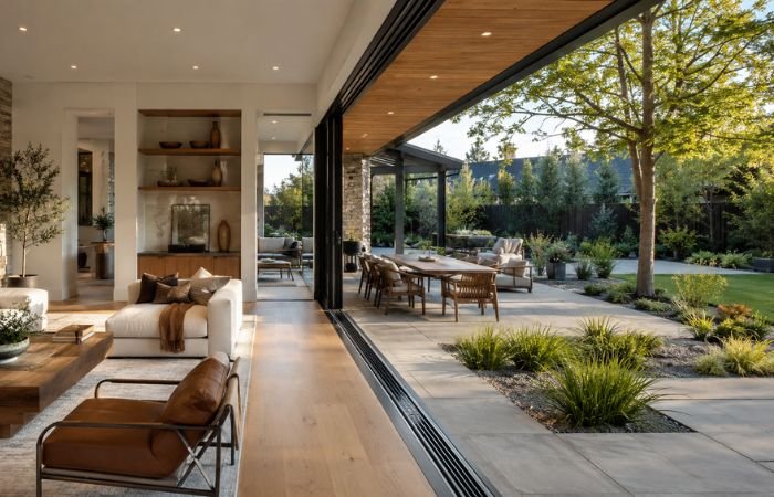Modern home with open glass doors connecting living room to outdoor patio and garden