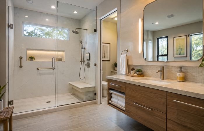 Modern Sacramento bathroom remodel with walk-in shower and accessibility features