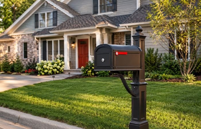 Modern outdoor residential mailbox improving curb appeal and home security