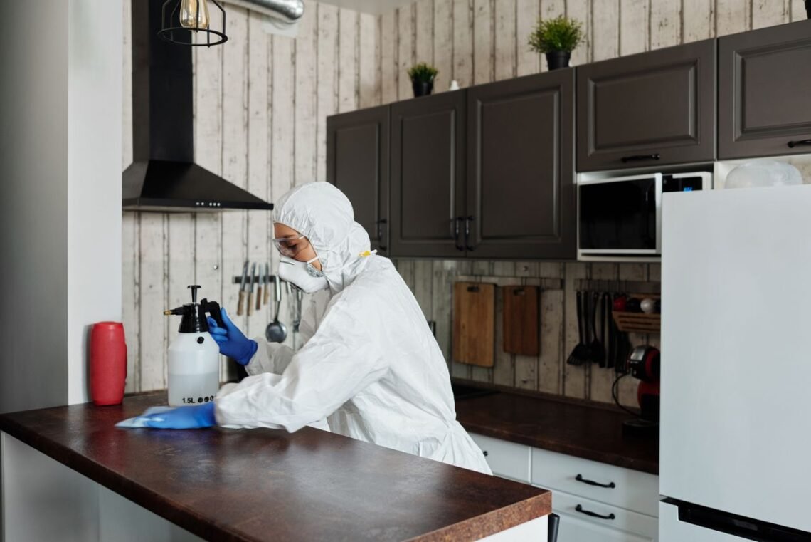 Professional pest control technician performing preventative home maintenance in a modern kitchen