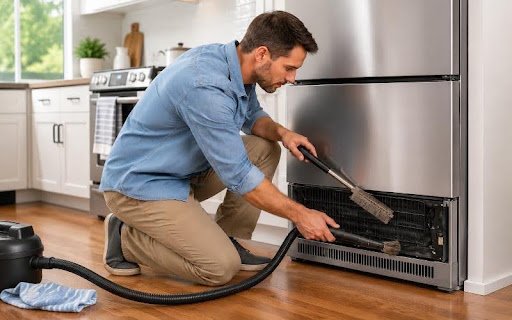 Atlanta homeowner cleaning refrigerator condenser coils