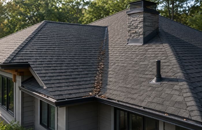 Residential roof showing valley, chimney flashing, roof vent, and roof edges