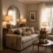Cozy small living room with table lamps, sofa, mirror, and warm layered lighting