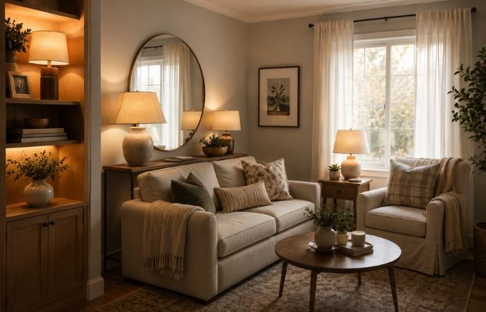 Cozy small living room with table lamps, sofa, mirror, and warm layered lighting