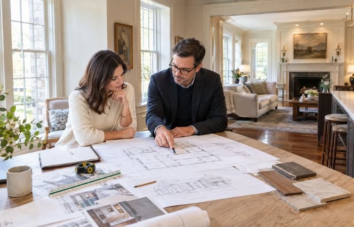 Homeowner and architect planning a home renovation in Merion, Pennsylvania