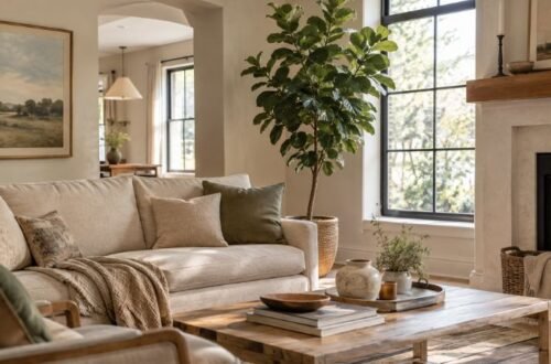 Realistic faux tree adding greenery to a modern living room