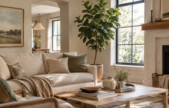 Realistic faux tree adding greenery to a modern living room