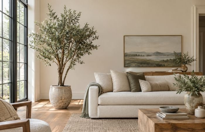 Realistic faux olive tree beside a cream sofa in a modern living room