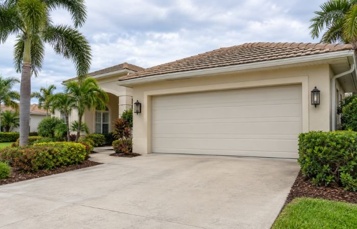 Closed garage door on a Naples, Florida home prepared for hurricane season