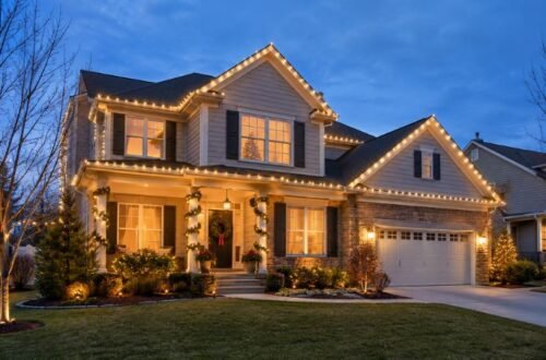Home with professionally installed holiday lights and elegant seasonal decorations