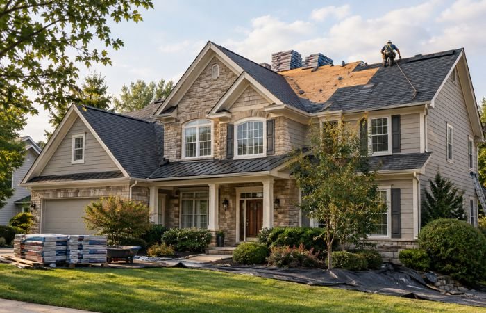 Residential roof replacement on an upscale American home