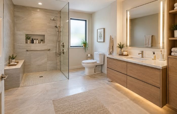 Accessible bathroom with curbless shower and safety features